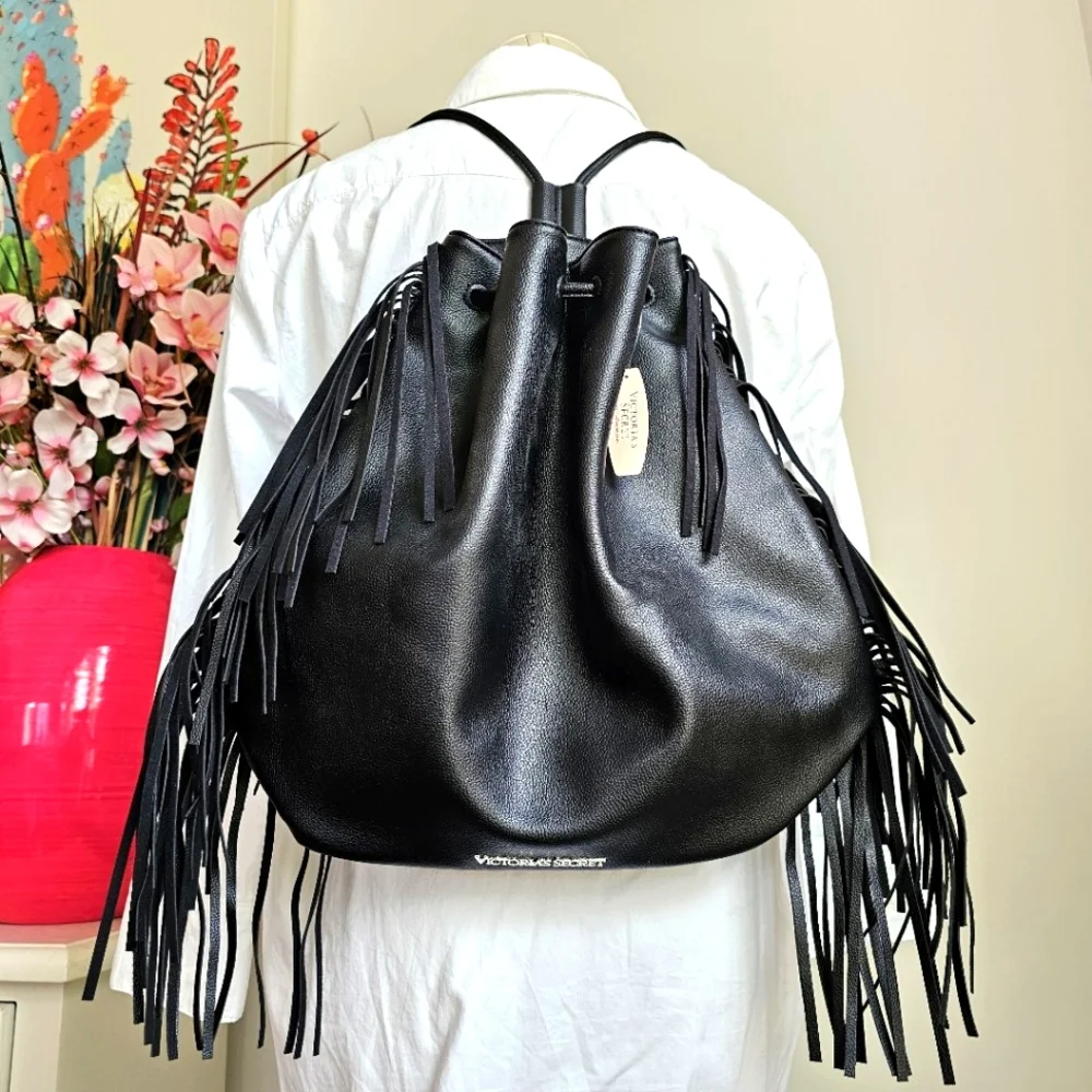 Victoria's Secret Black Vegan Leather Fringe Backpack Handbag Shoulder Bag NWT - Picture 3 of 15